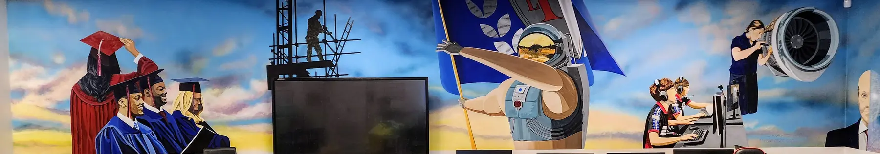 Long school mural: graduates in caps and gowns, an astronaut with a flag, students at computers and an engineer at a jet engine