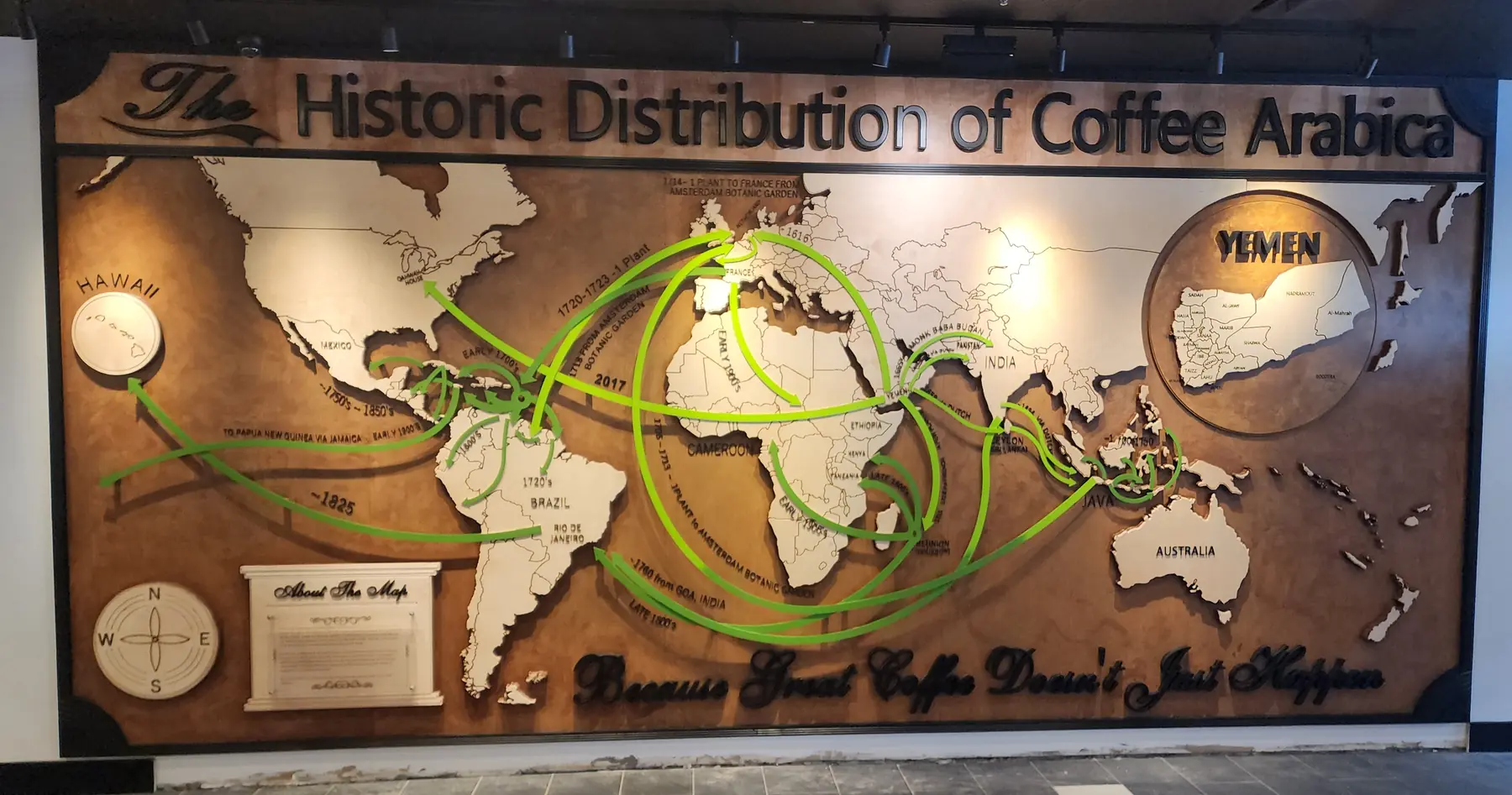 Carved wood relief map titled The Historic Distribution of Coffee Arabica